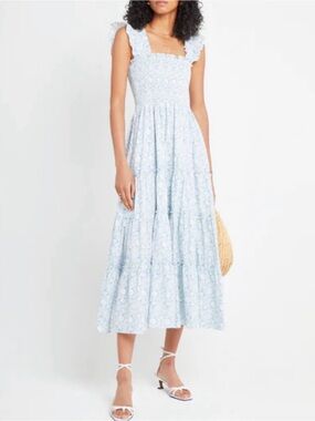 Smocked Square-Neck Midi Nap Dress